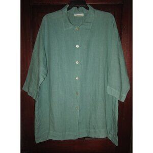 Bryn Walker S 100% Linen Big Shirt Tunic Top Blouse Oversized Teal Button Flare